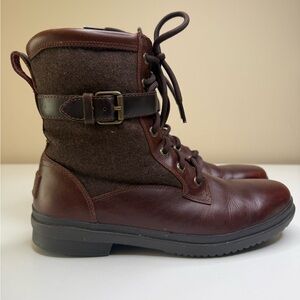UGG Brown Leather and Fabric Ankle Boots Womens 9 Side Zip Waterproof